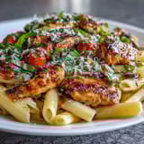 Seared chicken pieces nestled into al dente pasta with juicy tomatoes, fresh basil, and melted mozzarella.