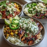 Smoky charred corn, zesty crema, and crumbled cotija top a vibrant Street Corn Chicken and Rice Bowl beside lime wedges.