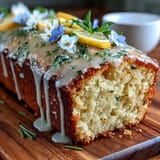 Delicate lemon drizzle cake topped with edible blooms, offering a bright citrus flavor and elegant presentation.