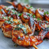 Golden honey garlic shrimp skewers glistening, ready to be served with lemon.