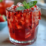 Refreshing Juneteenth Red Drink: Hibiscus Strawberry Lemonade served over ice.