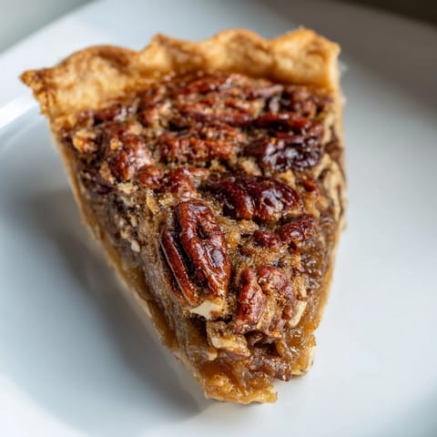 Golden, gooey pecan pie, with a beautifully crimped crust, ready for dessert enjoyment.