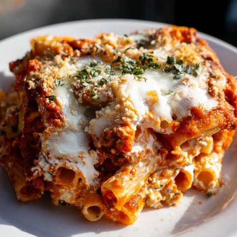 A close-up of baked ziti, a comforting casserole with melted mozzarella and ricotta.