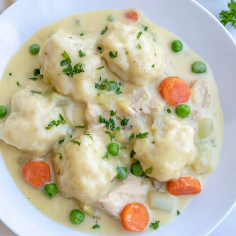 A close-up view of homemade Chicken and Dumplings showcasing tender chicken and soft, pillowy dumplings.