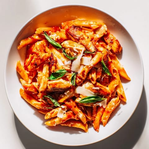 Fresh basil and grated Parmesan garnish this vibrant Spicy Tomato Chicken Pasta, ready to serve in a white bowl.
