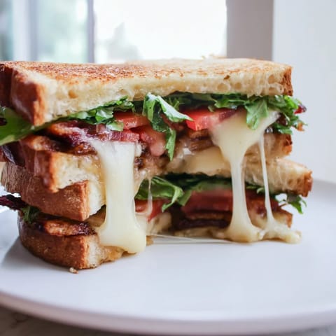 Close-up of a Vegan Bacon BLT Grilled Cheese on a wooden board, showcasing crispy edges and colorful layers.