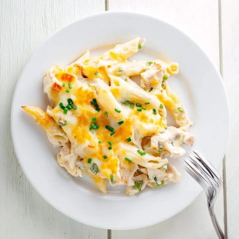 Creamy Chicken Ranch Pasta Bake with penne and tender chicken, offering a comforting, homestyle main dish straight from the oven.  