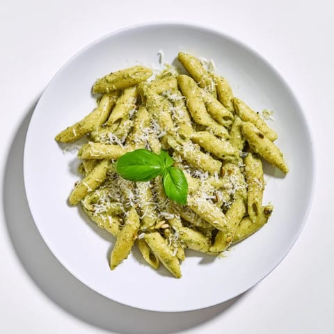 Sunflower seed pesto pasta in a white bowl with extra Parmesan and a lemon wedge, ready to be served for dinner.  