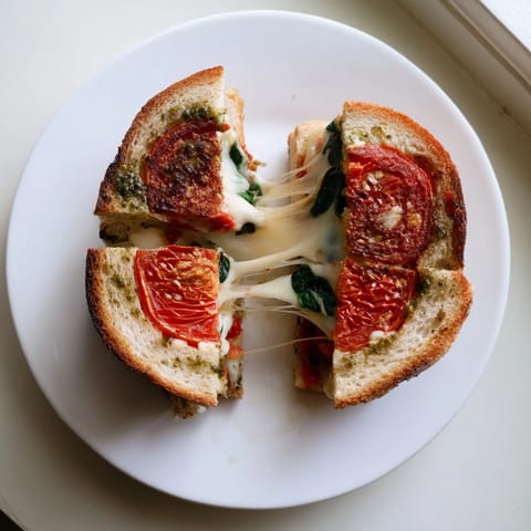 A close-up of the Roasted Tomato Pesto Grilled Cheese showcases melted cheese and vibrant roasted tomatoes.