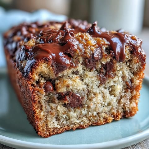 A close-up of a thick slice of Chocolate Chip Peanut Butter Oatmeal Banana Bread on a wooden cutting board, showing moist crumb and melty chocolate chips.