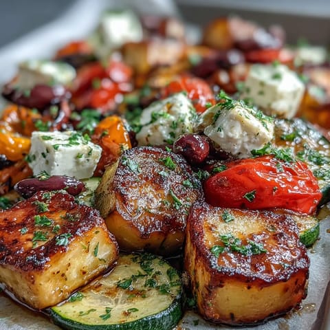 Roasted Greek salad featuring vibrant red and yellow bell peppers, red onion, and cherry tomatoes tossed with olives and feta.