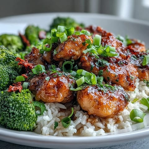 Steam rises from this savory One Pan Honey Garlic Chicken Broccoli Rice, garnished with sesame seeds and fresh sliced green onions on a white plate.