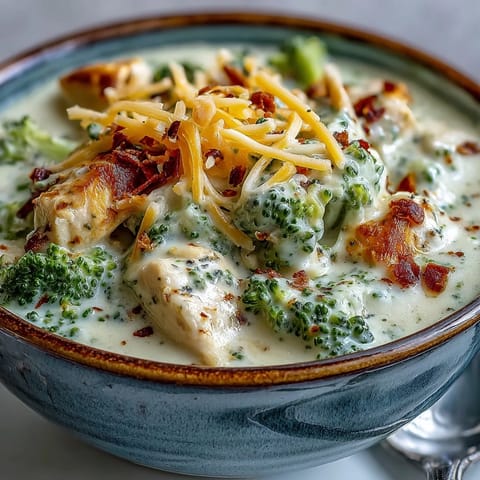 This comforting American soup features tender chicken, bright broccoli florets, and melted cheddar in a rich, velvety broth.