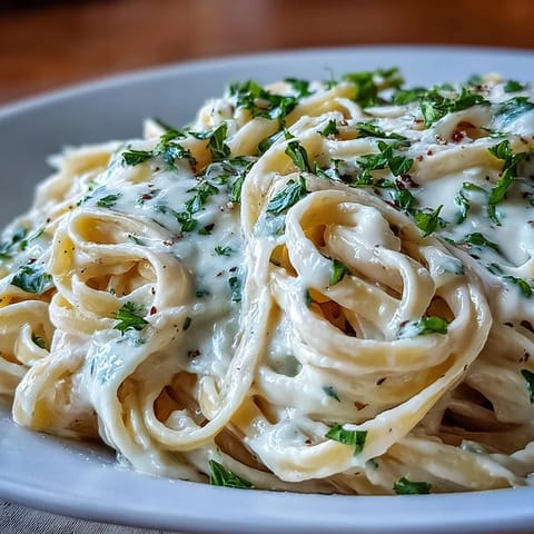 Creamy cauliflower Alfredo sauce coats fettuccine noodles, garnished with fresh parsley and extra Parmesan for a comforting, light meal.  
