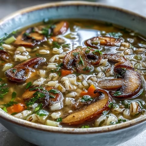 Steaming bowl of homemade Mushroom Barley Soup, garnished with fresh parsley.