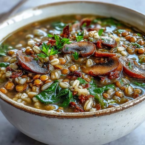 Hearty Double Lentil and Mushroom Barley Soup ladle ready to serve with crusty whole-grain bread alongside.