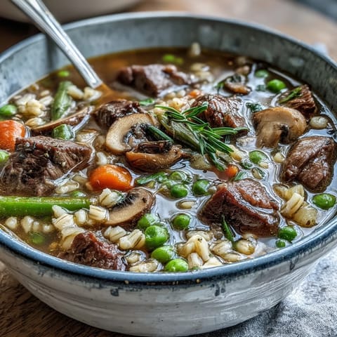Steaming Beef and Barley Soup with tender beef chunks, diced carrots, and celery in a hearty broth.