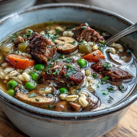 Warm Beef and Barley Soup in a rustic bowl, garnished with fresh parsley and a ladle nearby.