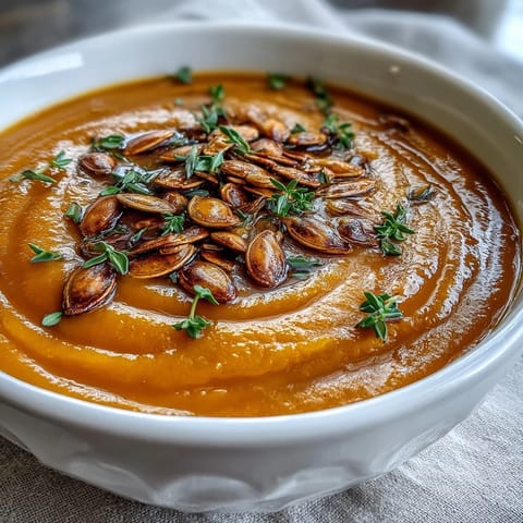 Golden-orange Butternut Squash Soup in a rustic bowl, garnished with toasted pumpkin seeds and fresh thyme leaves, served beside warm crusty bread.