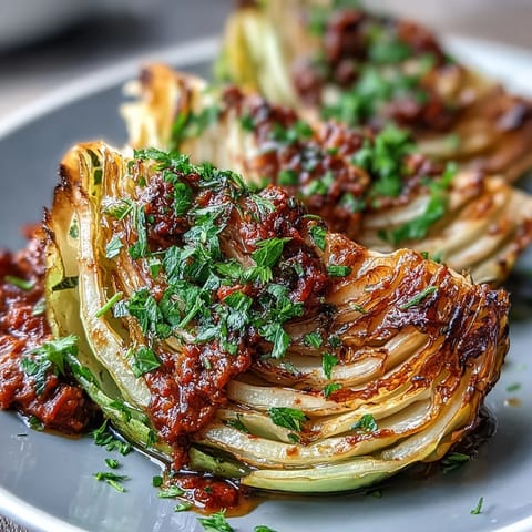 Roasted Baked Cabbage Salad With Winter Romesco served warm on a platter topped with rich red sauce and fresh parsley.