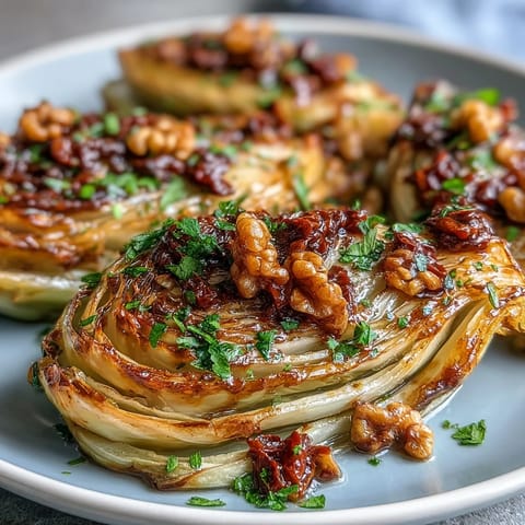 Golden wedges of Baked Cabbage Salad With Winter Romesco garnished with toasted walnuts and bright lemon wedges on a rustic table.