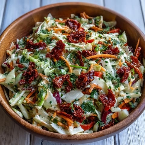 Cabbage Salad With Sundried Tomatoes served in a rustic bowl with juicy red bell peppers and tangy sun-dried tomatoes.
