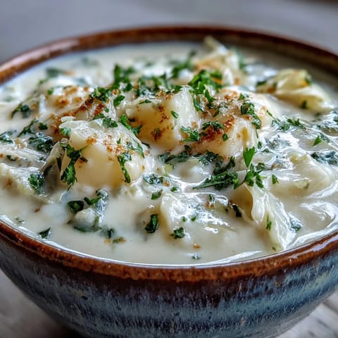 Creamy Potato Soup with Cabbage served steaming in a rustic bowl, garnished with fresh parsley and a slice of crusty bread.