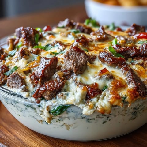 Golden baked Philly Cheesesteak Dip with melted provolone and toasted crostini on a rustic wooden board.