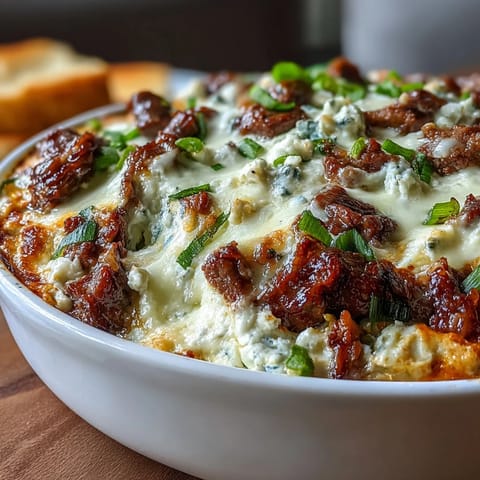 Sizzling shaved ribeye, peppers, and onions simmer in a creamy, cheesy dip ready for game day.