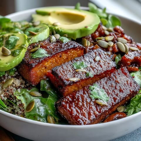 Golden roasted butternut squash steak bowls on fluffy quinoa with creamy avocado, red onion, and pepitas.