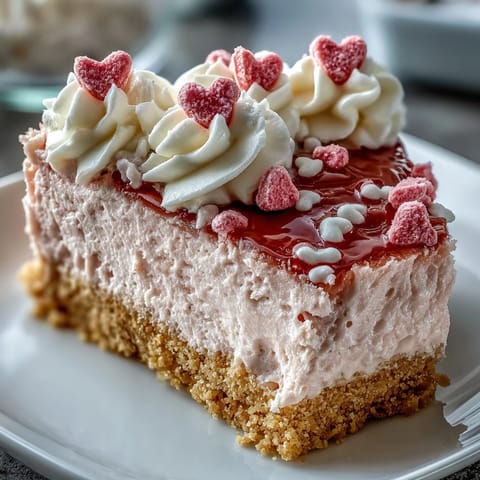 Candy Hearts Fake Cake shows a creamy slice on a graham cracker crust, plated with pink whipped frosting and sparkling rainbow sprinkles.