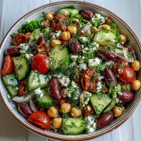 This Greek Bean Salad is tossed with vibrant fresh herbs and crumbled feta, served chilled for a refreshing lunch.