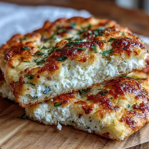 Golden-brown Fluffy Cottage Cheese Flatbread bubbling in a skillet with flecks of fresh green herbs visible.