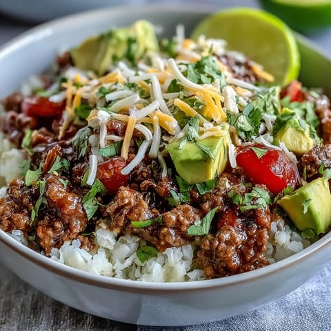 Low Carb Burrito Bowl featuring sizzling seasoned ground beef and fluffy cauliflower rice topped with crisp romaine and fresh avocado.