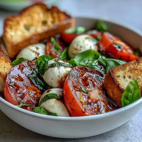Fresh mozzarella balls and heirloom tomatoes in a Caprese Salad Bowl, drizzled with balsamic and topped with crispy bread.