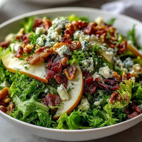 Fresh, crisp frisée and sliced ripe pears topped with crumbled blue cheese and crispy prosciutto in a Frisée Pear Blue Cheese Bowl.