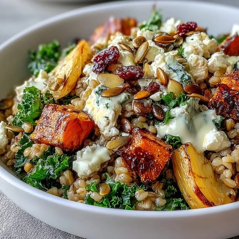 A beautifully styled overhead shot of a Hearty Winter Grain Bowl featuring quinoa, sweet potatoes, and kale, finished with a drizzle of lemony tahini sauce.