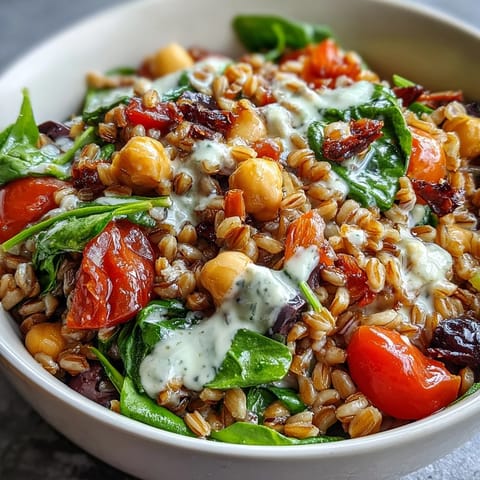 Fresh Mediterranean Farro Bowl filled with chickpeas, tomatoes, cucumber, and topped with creamy tahini dressing.