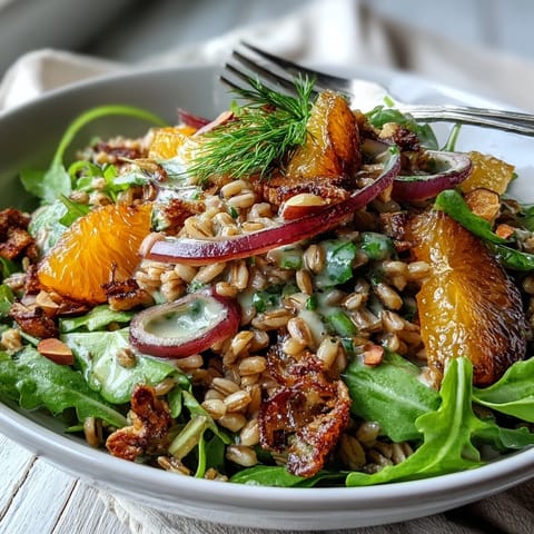 Farro Salad Bowl with Fennel, Oranges & Almonds with toasted almonds and vibrant citrus slices.