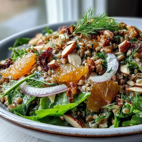 Farro Salad Bowl with Fennel, Oranges & Almonds on a white plate with fresh greens and fennel fronds.