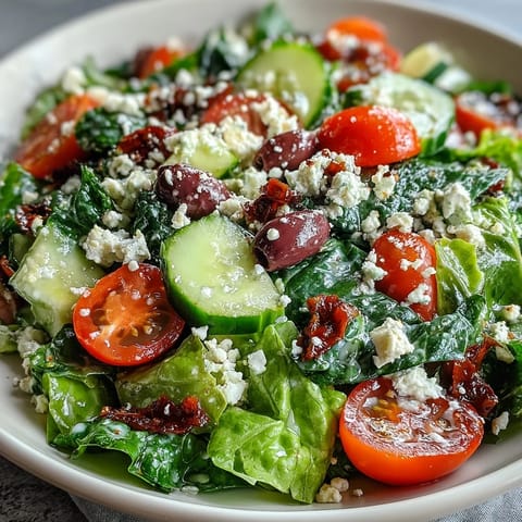 A vibrant Mediterranean Green Salad Bowl filled with spring mix, tomatoes, cucumbers, and crumbled feta cheese.