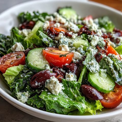 Colorful Mediterranean Green Salad Bowl with Kalamata olives and red onion tossed in a tangy Greek dressing.