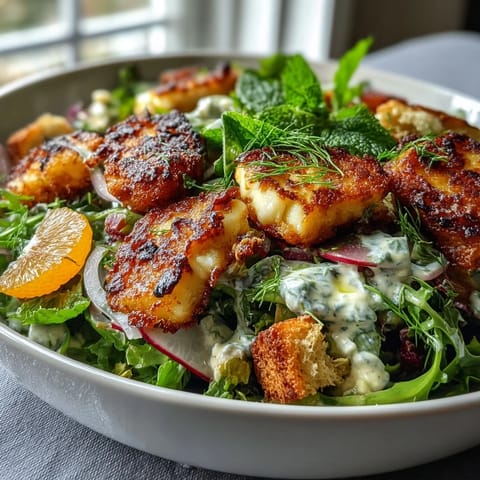 Golden fried halloumi and blood orange segments on salad greens, topped with crispy sourdough croutons for Halloumi Blood Orange Fattoush.