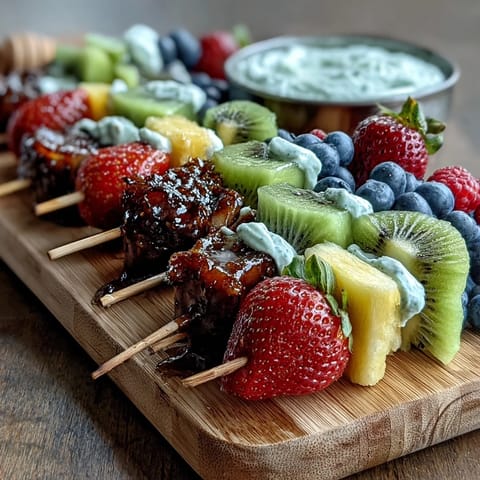 Colorful bento box lunch with fruit skewers and yogurt dip, perfect for kids' school meals or picnics.