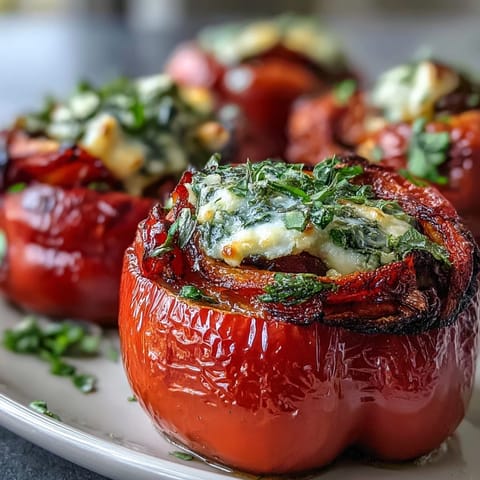 Colorful stuffed bell peppers with quinoa, herbs, and vegetables, baked until tender and golden for a vibrant spring meal.
