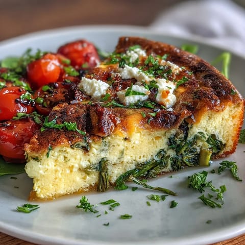 Vibrant Spring Veggie Frittata with Asparagus and Goat Cheese, loaded with fresh vegetables and herbs, baked to golden perfection.