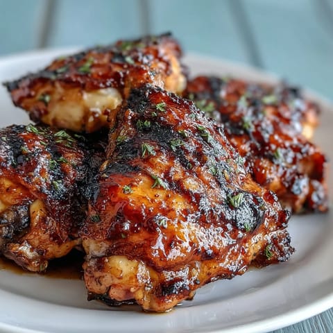 Juicy honey garlic grilled chicken thighs with a glossy, sticky glaze and crispy golden skin, perfect for summer barbecues.
