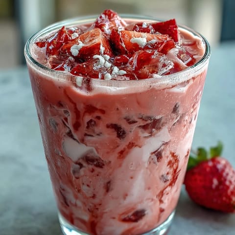 Refreshing dragon fruit refresher with coconut milk, blending vibrant pink pitaya and juicy strawberries for a tropical treat.