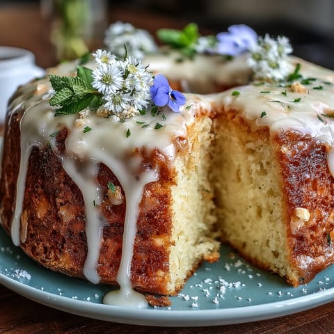A moist lemon cake with tangy glaze and edible flowers, perfect for Mothers Day celebrations.
