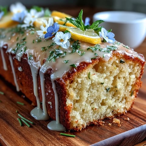 Delicate lemon drizzle cake topped with edible blooms, offering a bright citrus flavor and elegant presentation.